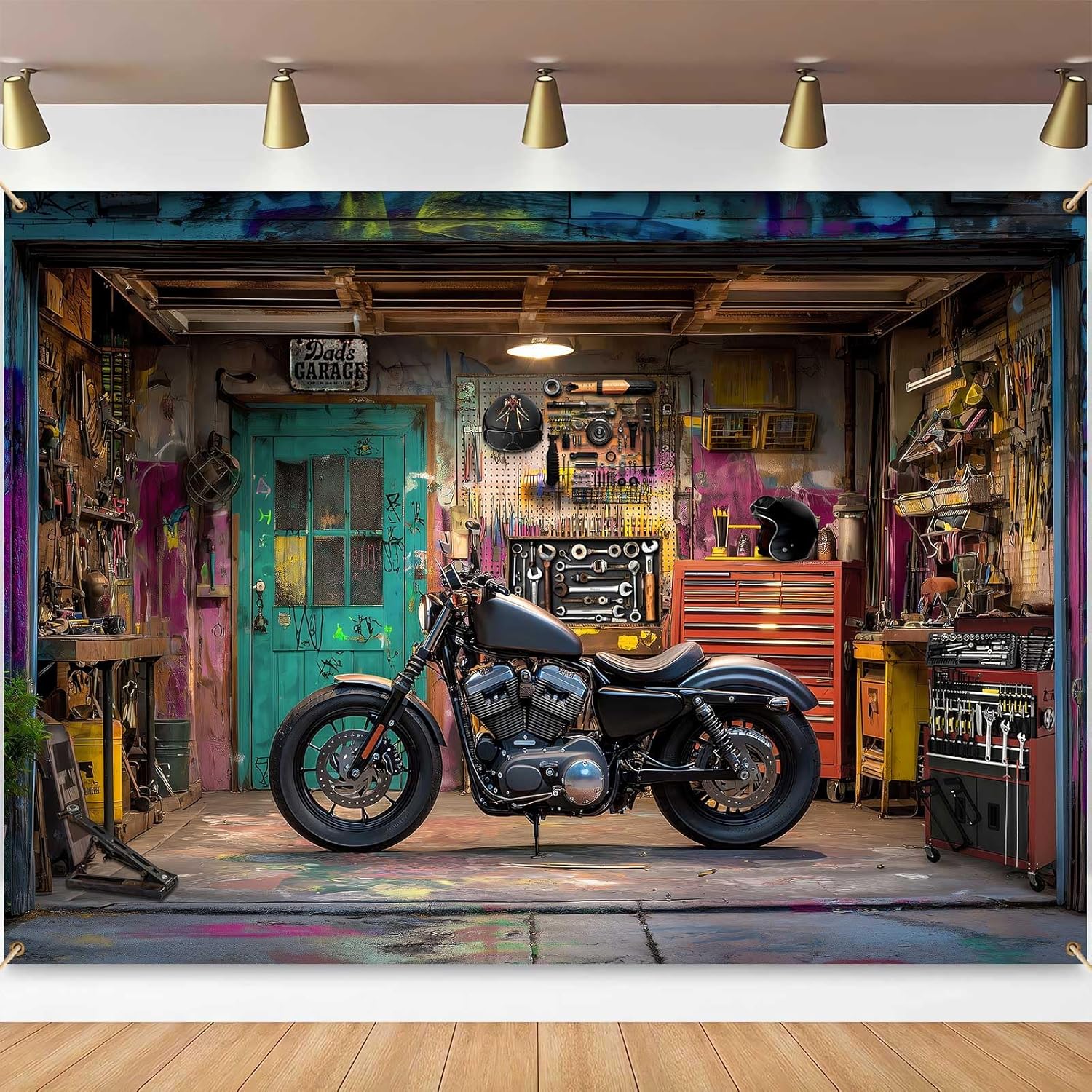 Workshop Tools Background - Motorcycle Garage Photography Backdrop Graffiti Motorbike
